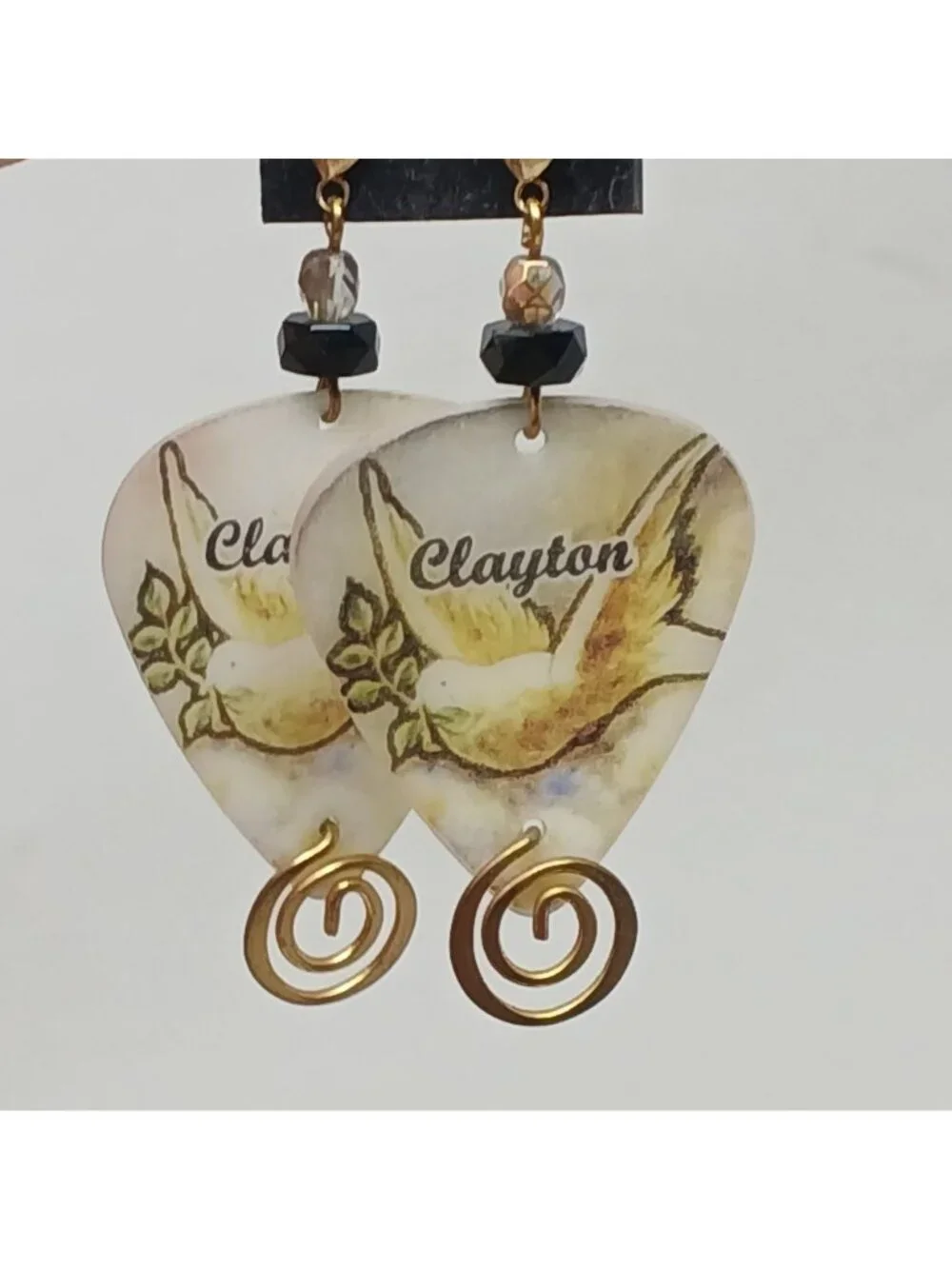 Clayton Guitar Pick Earrings Dove GoldTone Swirls Black Beads Handmade #J1-P